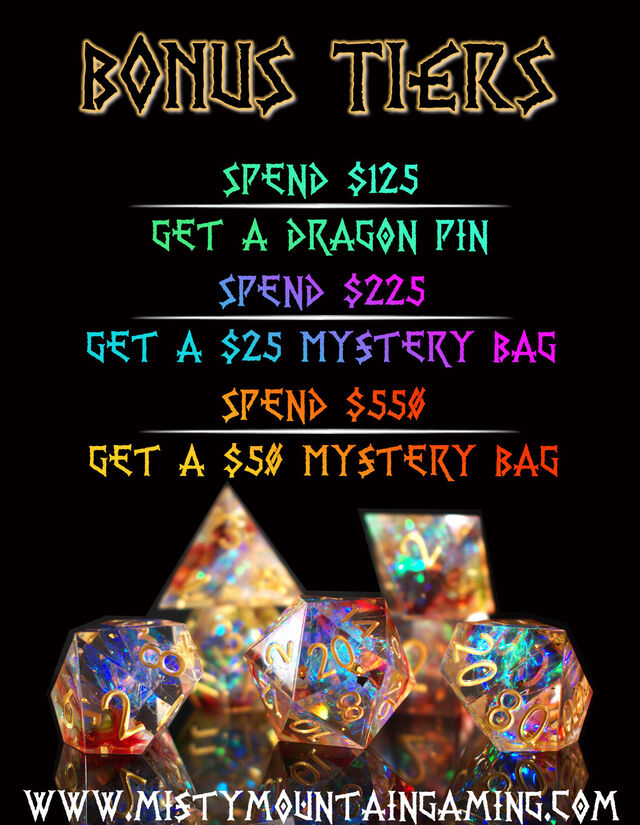 BONIUS THERS SPEND $125 GET A DRAGON FIN SPEND $225 GET A $25 MYSTERY BAG AR RN GET A $54 MYSTERY BAG 
